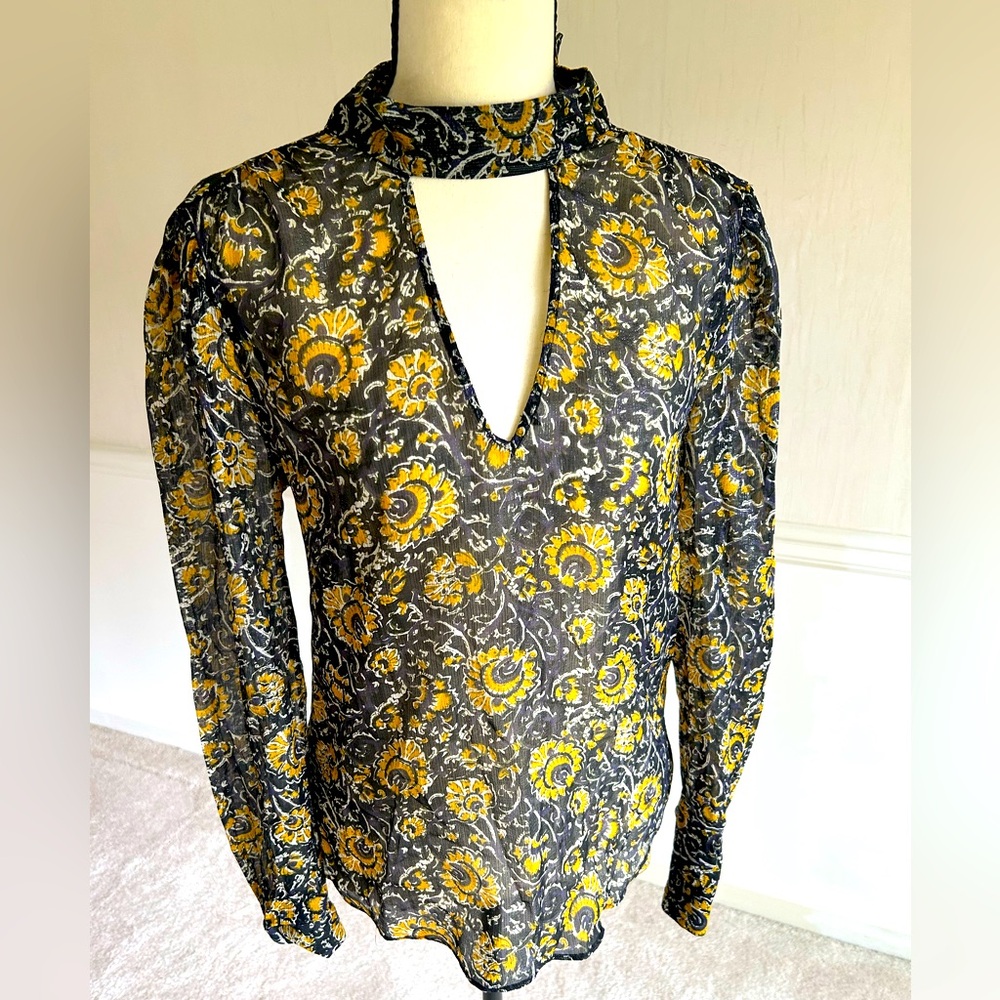 Veronica Beard Sheer Floral Tie Neck Blouse Size 4 Long Sleeve Boho Chic